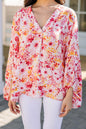 Floral Bubble Sleeve V-Neck Blouse