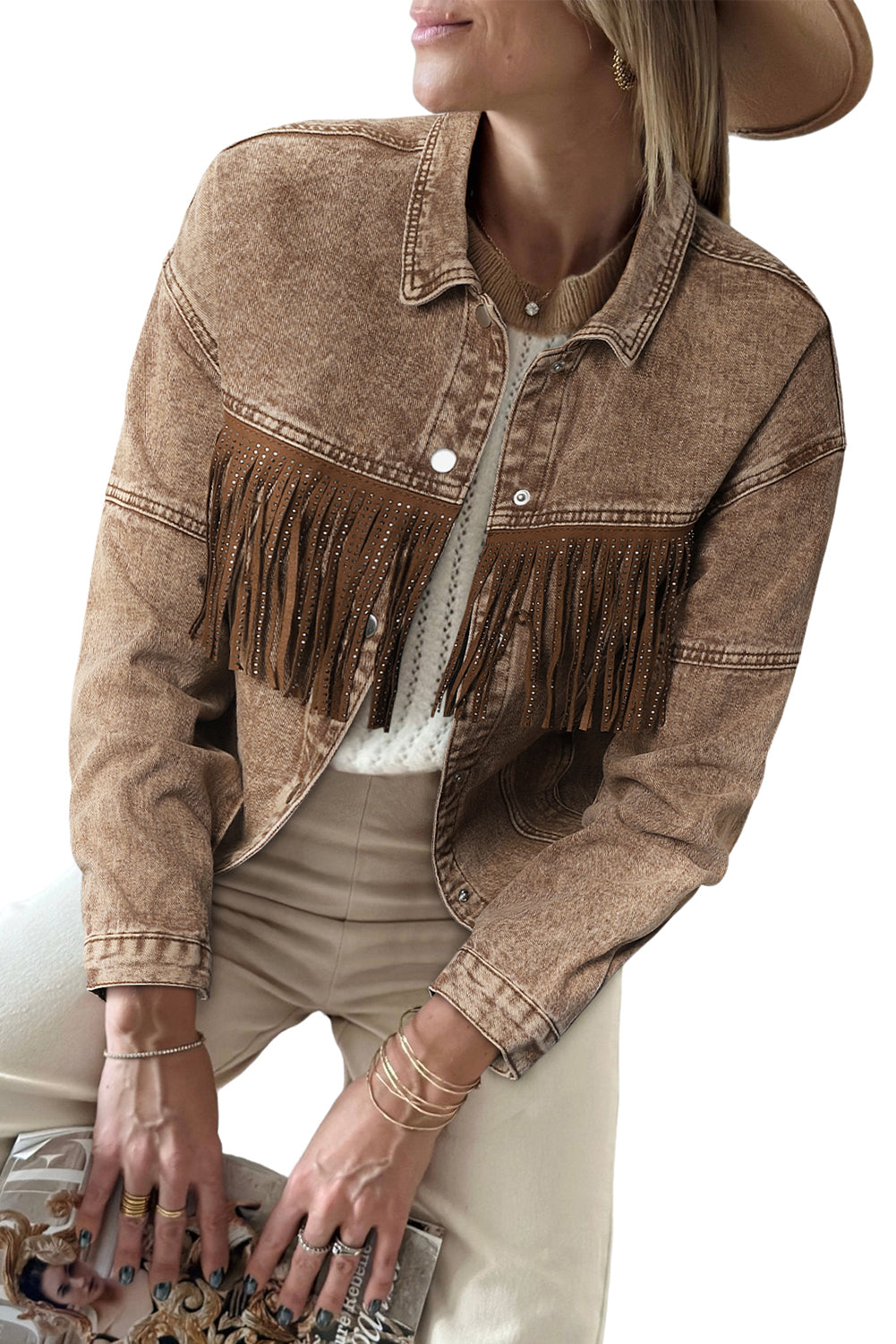 Denim Rhinestone Fringe Buttoned Jacket