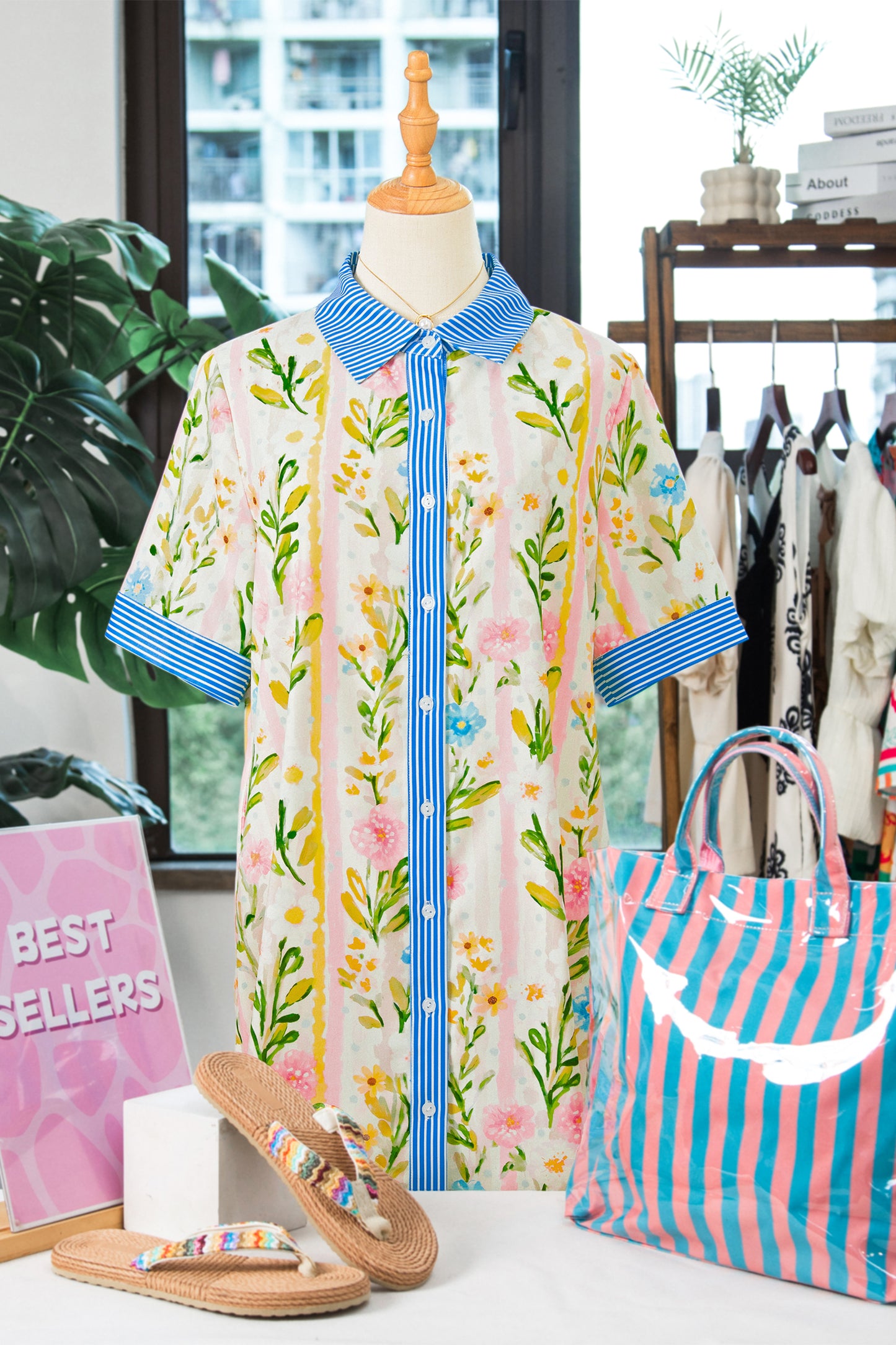 Floral Stripe Trim Button Down Dress