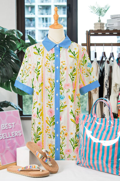 Floral Stripe Trim Button Down Dress