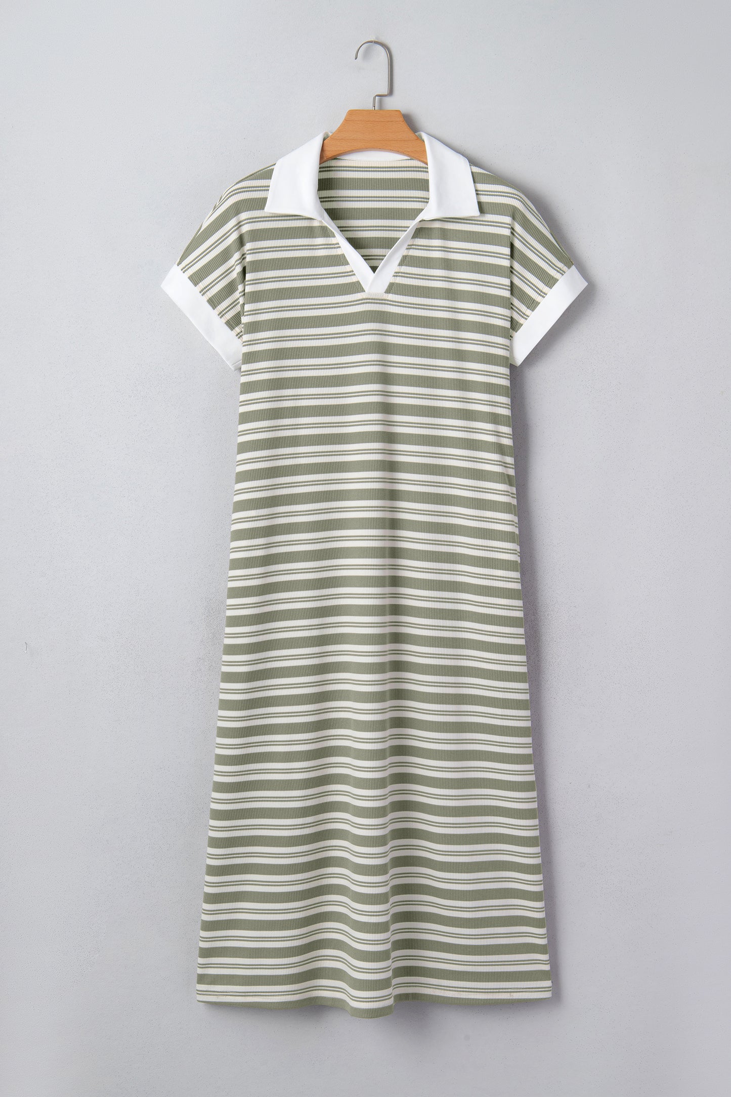 Stripe Collared V-Neck Short Sleeve Midi Dress