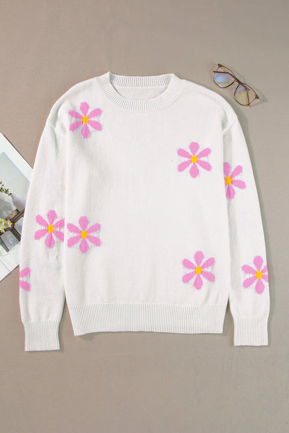 Floral Ribbed Trim Crewneck Sweater