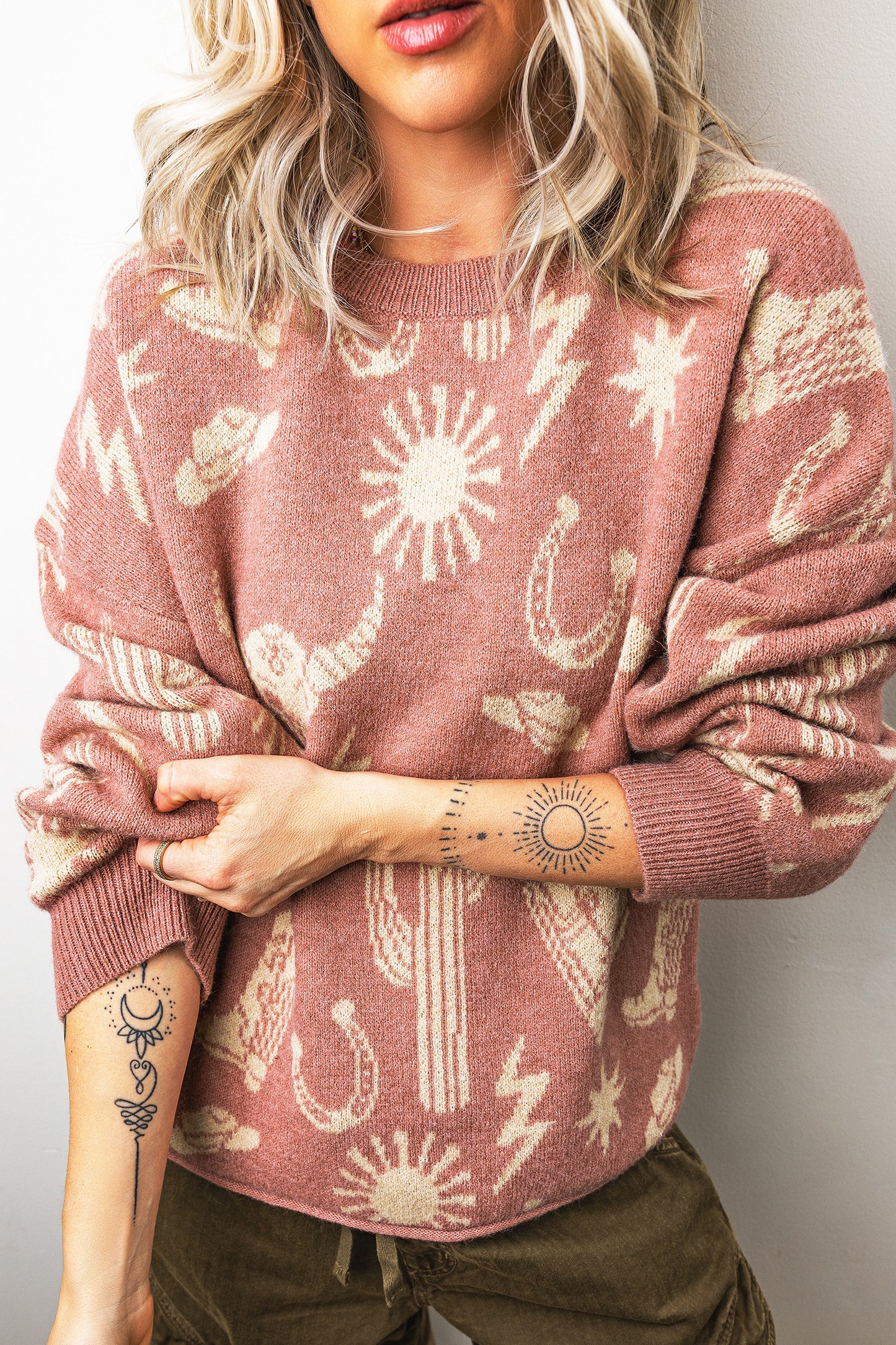 Western Drop Shoulder Long Sleeve Sweater