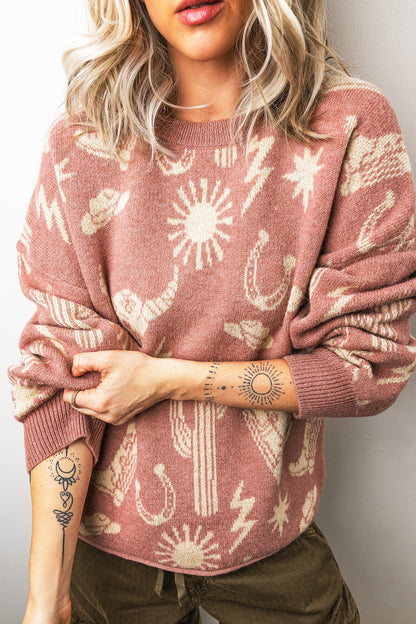 Western Drop Shoulder Long Sleeve Sweater