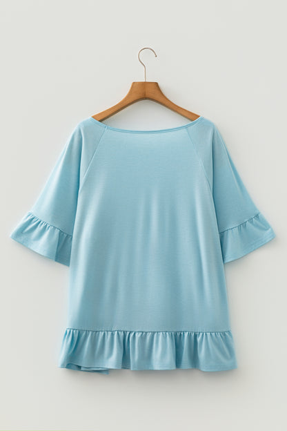 Plus Size Solid Ruffle Short Sleeve Blouse