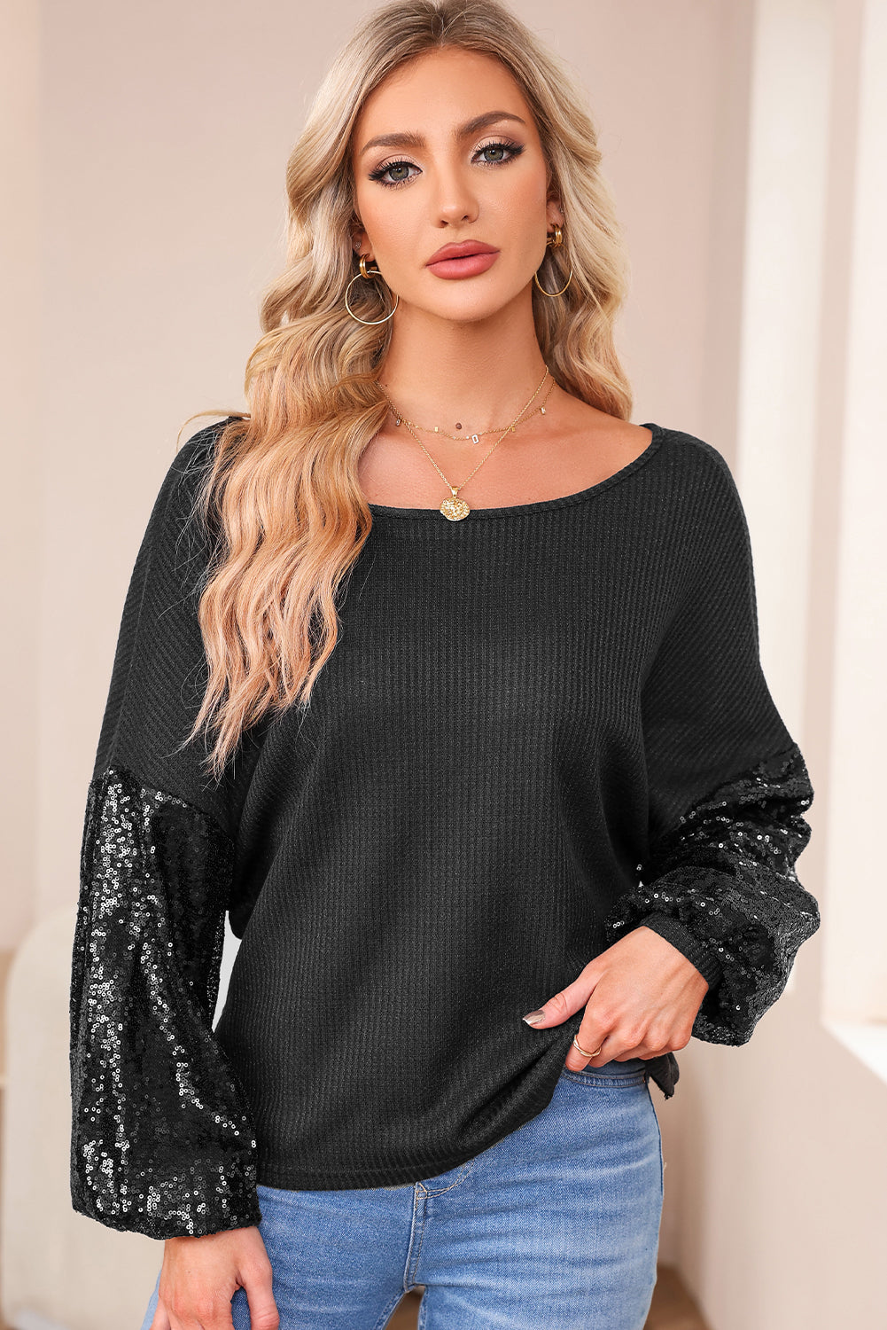 Sequin Patchwork Sleeve Open Back Top