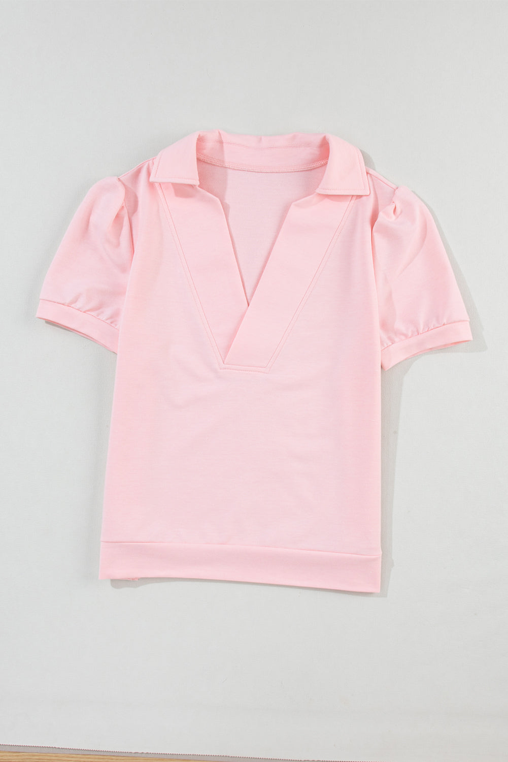 Collared V-Neck Puff Sleeve T-Shirt