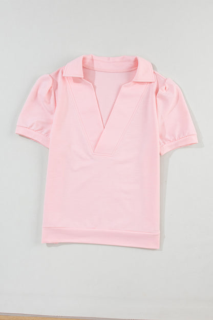 Collared V-Neck Puff Sleeve T-Shirt