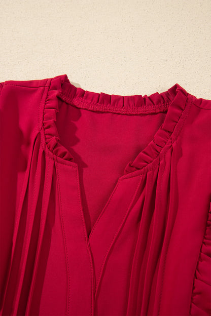 Solid Ruffle Trim Long Sleeve Tiered Midi Dress