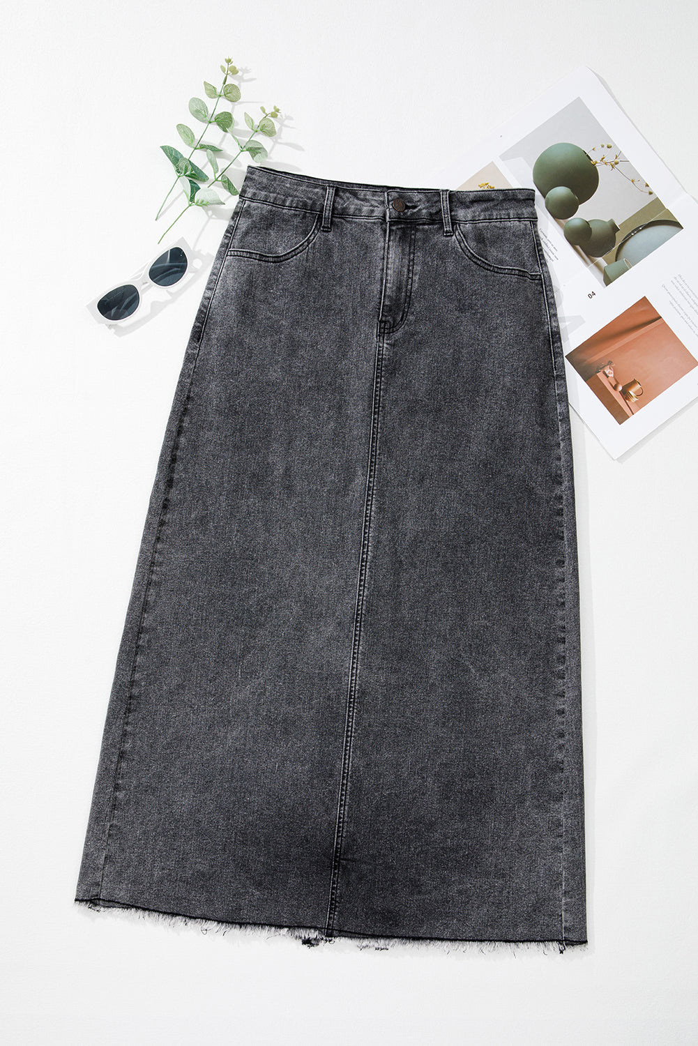 Denim Raw Hem Midi Skirt