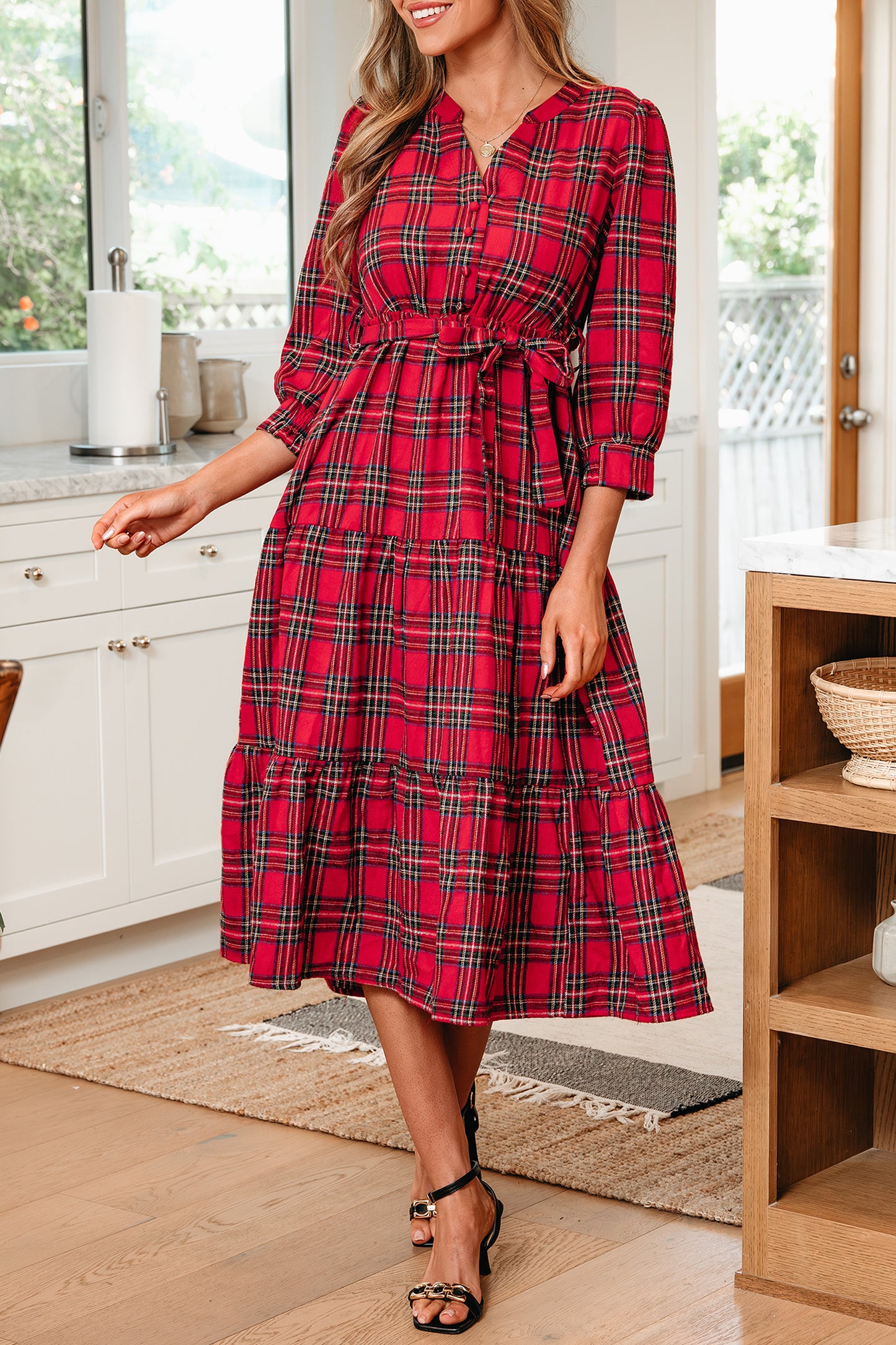 Plaid V-Neck Tie Waist Ruffle Hem Dress
