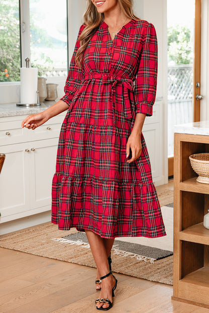 Plaid V-Neck Tie Waist Ruffle Hem Dress