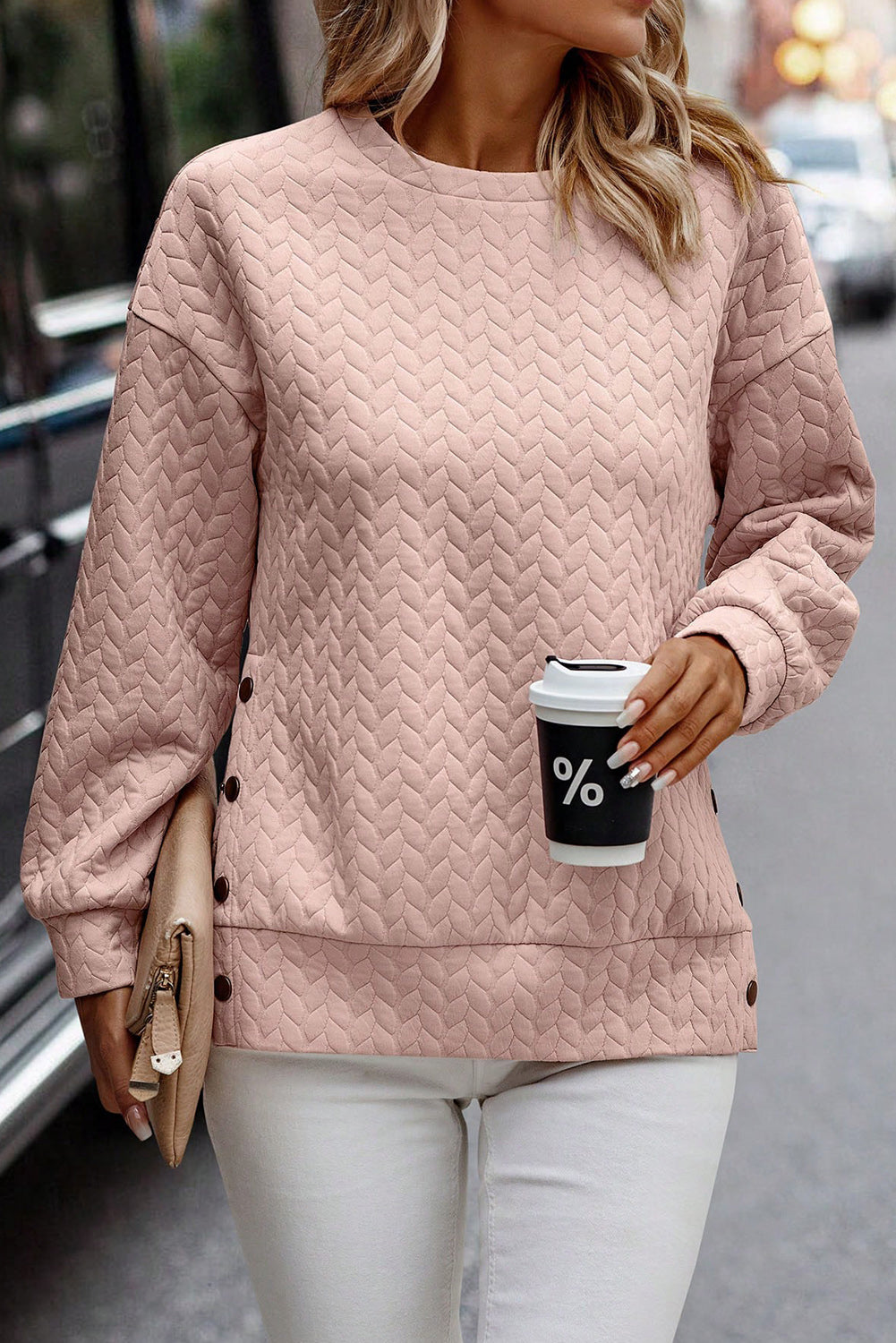 Quilted Cable Side Button Sweatshirt