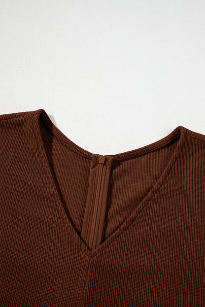 Solid Textured Knit V-Neck Zip Up Romper