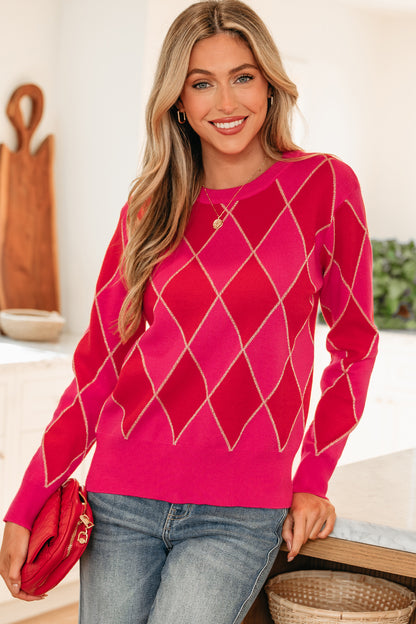 Glitter Rhombus Geometric Knit Crewneck Sweater