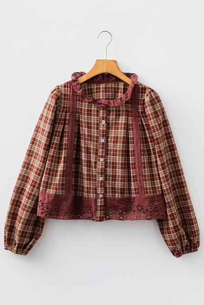 Plaid Eyelet Lace Trim Buttoned Long Sleeve Shirt