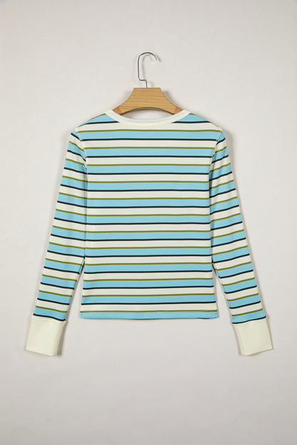 Stripe Round Neck Ribbed Knit Long Sleeve Top