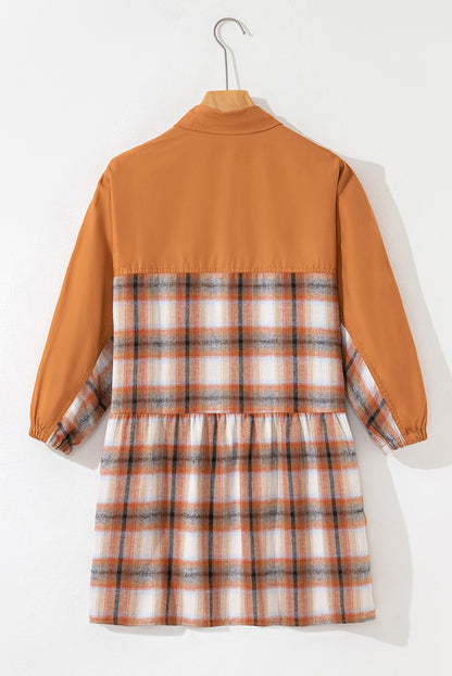 Plaid Patchwork Pocketed Ruffle Hem Shirt Dress