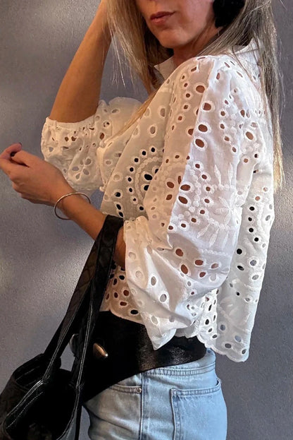 Eyelet Embroidered Puff Sleeve Cropped Shirt
