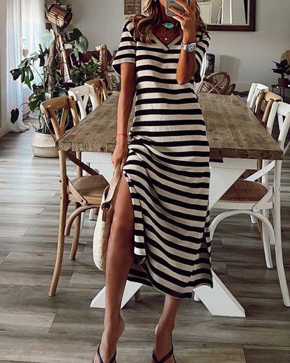 Stripe Side Slit Maxi Dress