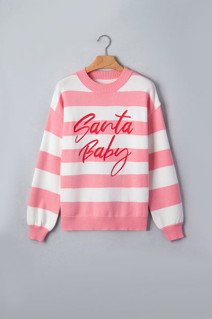 Christmas Santa Baby Embroidered Stripe Sweater