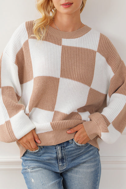 Checker Ribbed Puff Sleeve Sweater