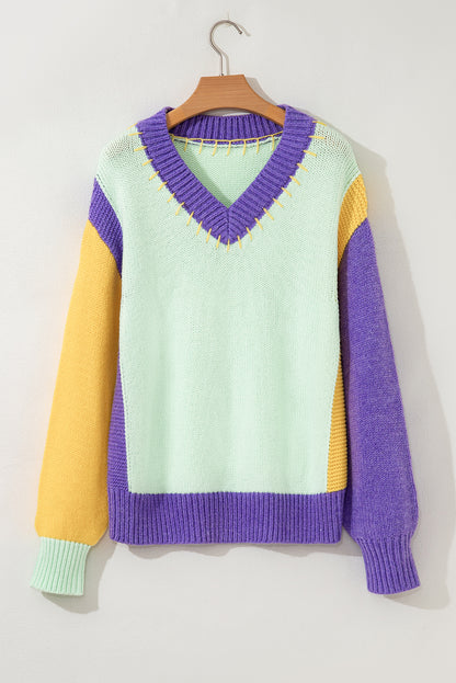 Colorblock Stitched V-Neck Drop Shoulder Sweater