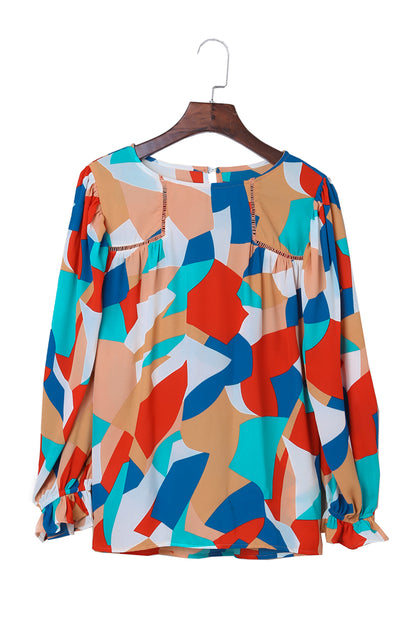 Abstract Ruffle Puff Sleeve Blouse