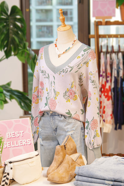 Floral Stripe Contrast V-Neck Sweater
