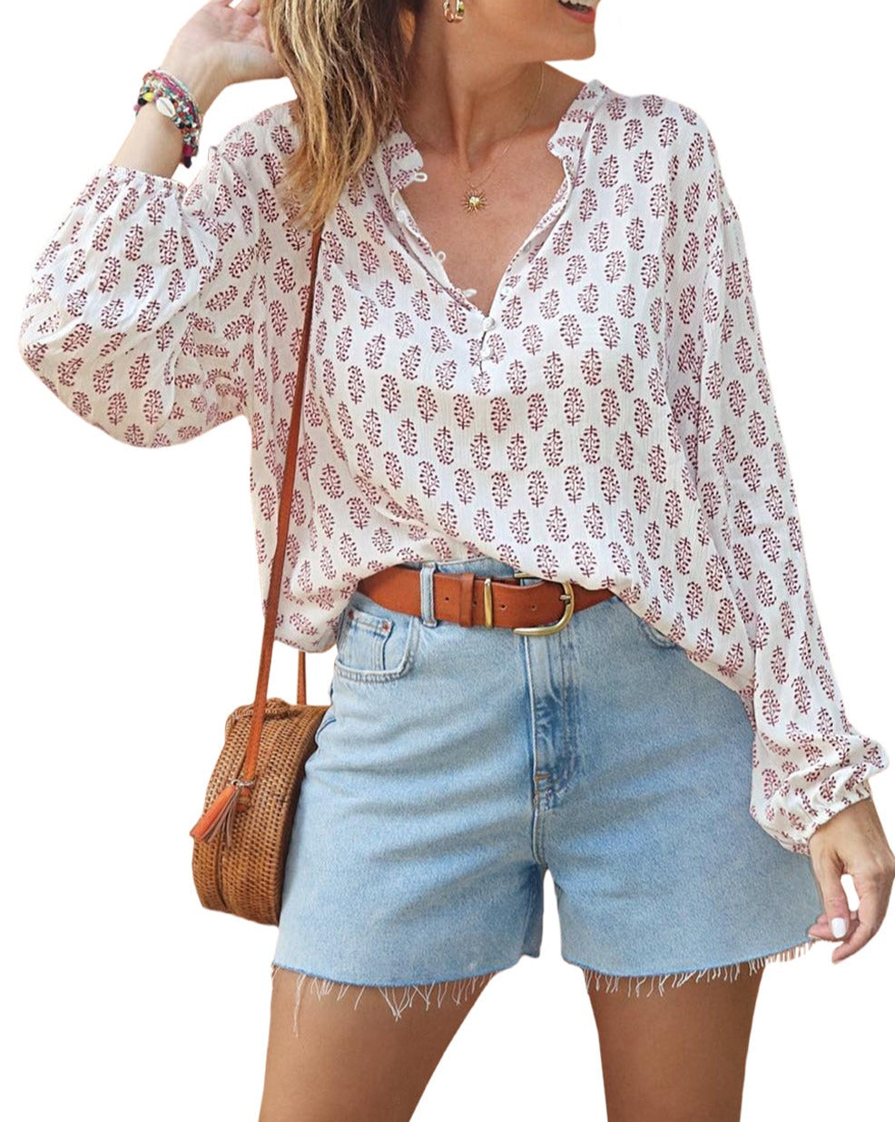 Boho Long Sleeve Buttoned Blouse