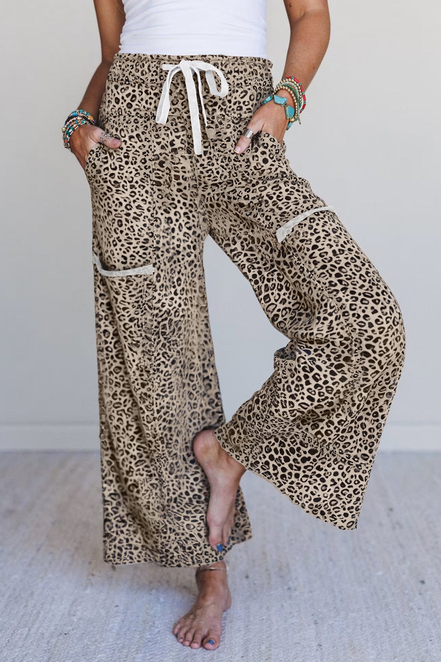 Leopard Terry Knit Wide Leg Pants