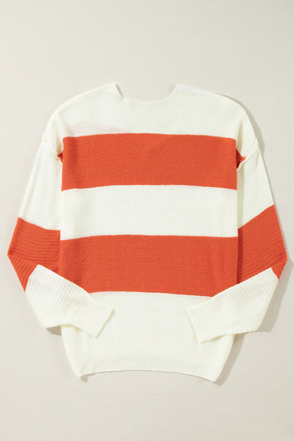 Stripe Ribbed Patchwork V-Neck Sweater