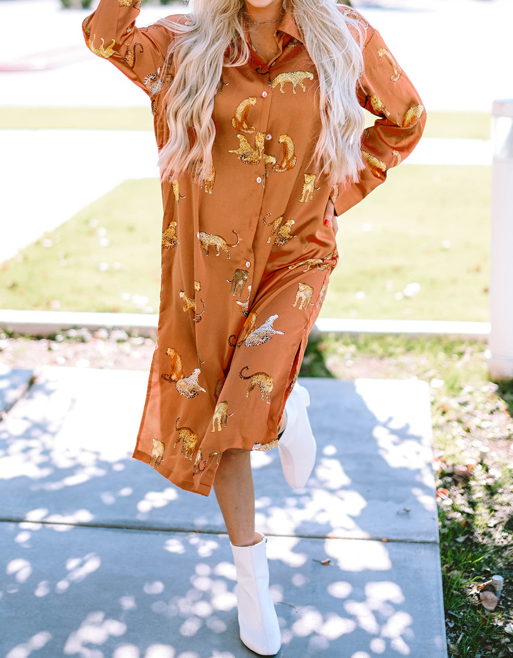 Cheetah Buttoned Midi Shirt Dress