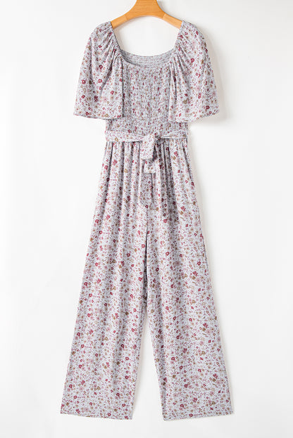 Floral Smocked Short Sleeve Wide Leg Jumpsuit
