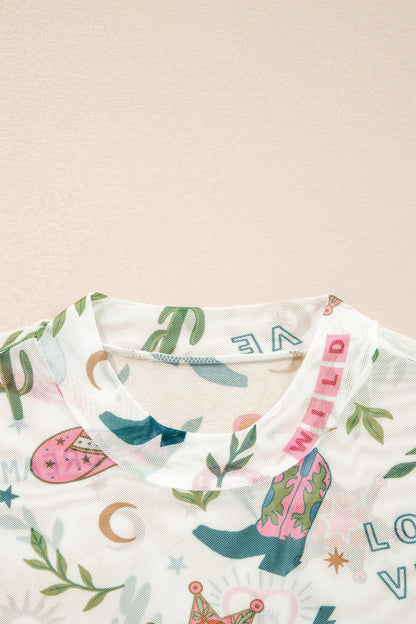 Western LOVE WILD DREAMER Sheer Mesh Graphic Top
