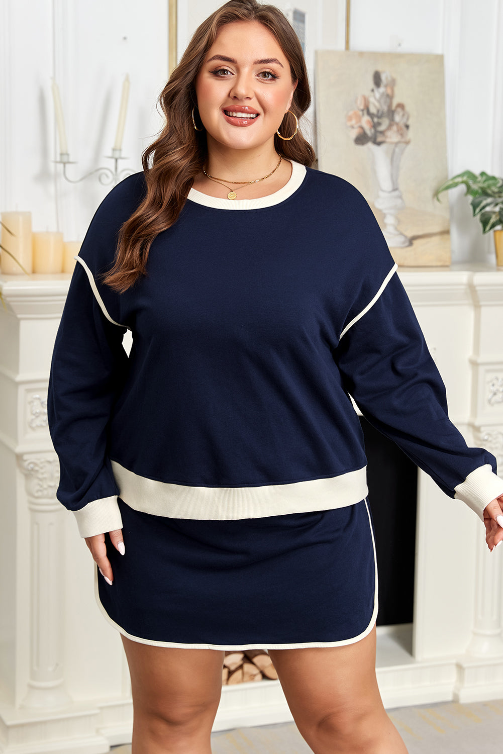 Plus Size Colorblock Top and Lace-up Skirt Set