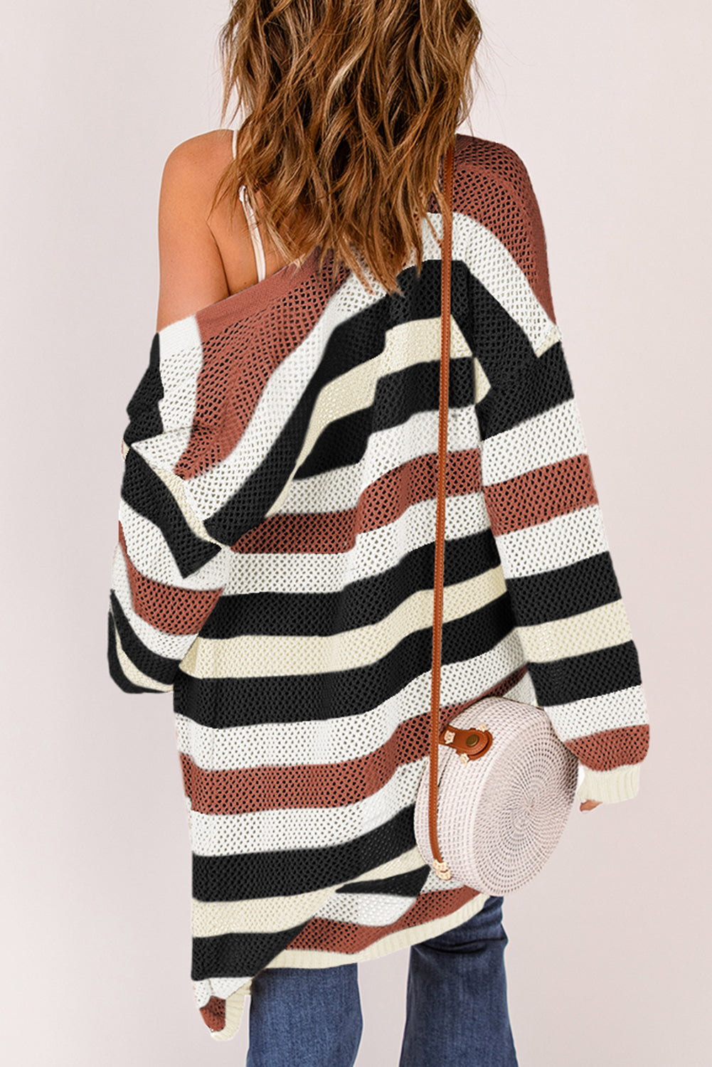 Stripe Colorblock Hollowed Knit Cardigan