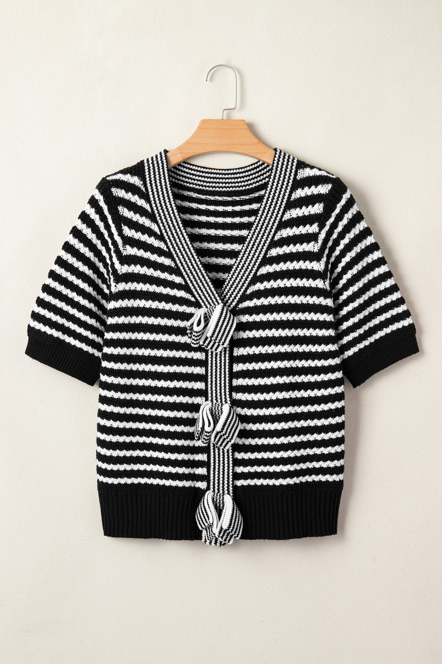 Stripe Bow Tie V-Neck Short Sleeve Sweater