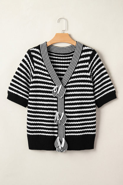 Stripe Bow Tie V-Neck Short Sleeve Sweater