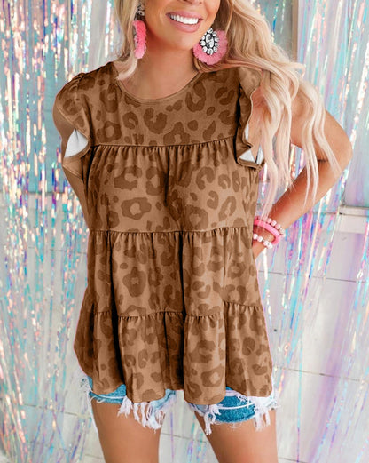 Leopard Flutter Sleeve Tiered Tank Top