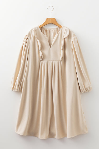 Plus Size Corduroy Scallop Notched Neck Mini Dress