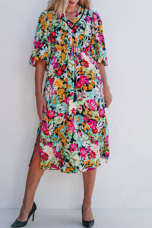 Floral 3/4 Puff Sleeve Midi Dress