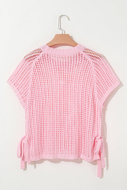 Hollow-out Crochet Tie Side Short Sleeve Sweater