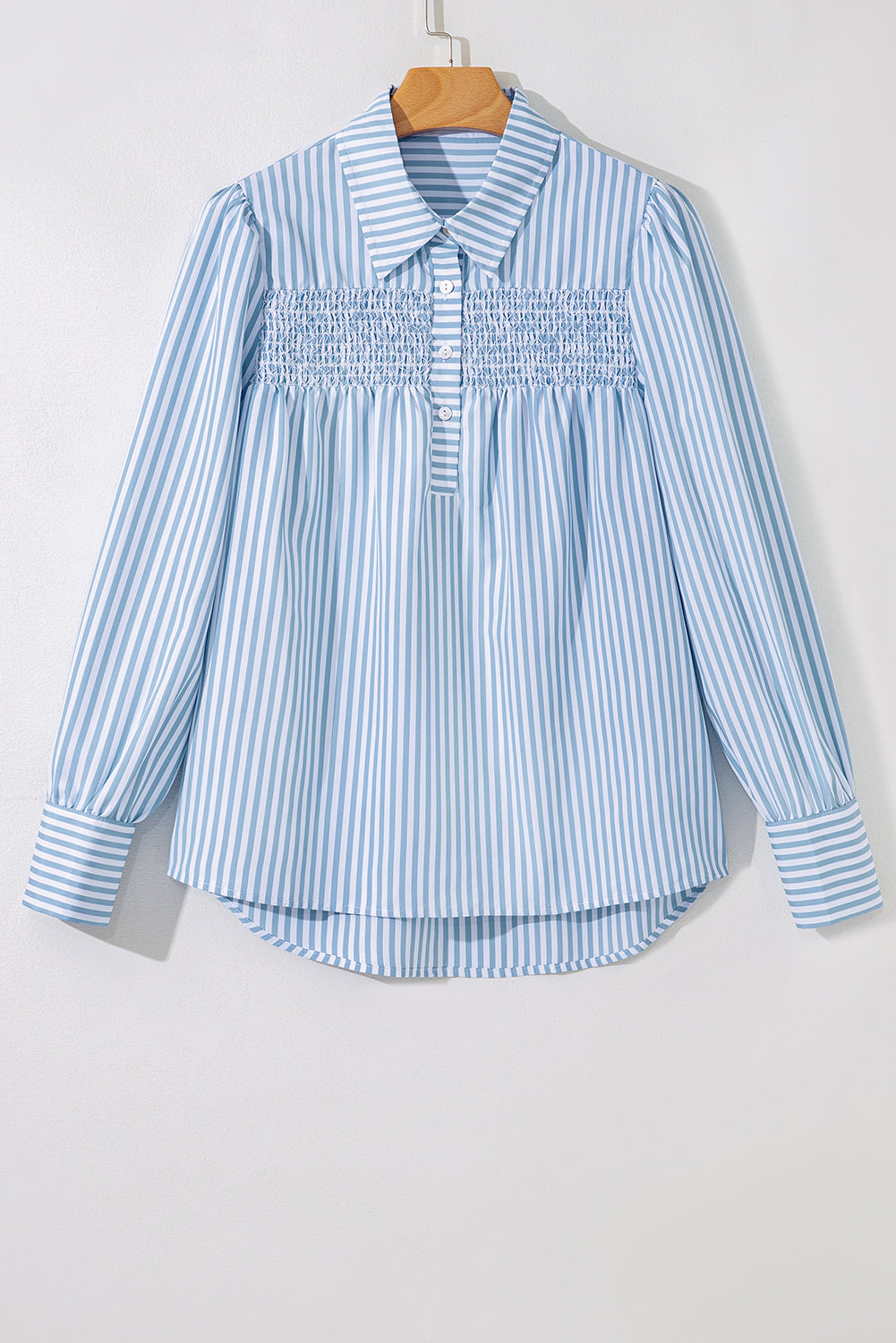Stripe Shirred Buttoned Collar Long Sleeve Shirt