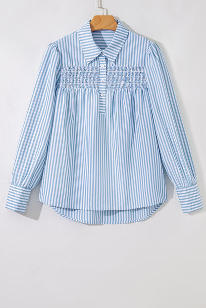 Stripe Shirred Buttoned Collar Long Sleeve Shirt