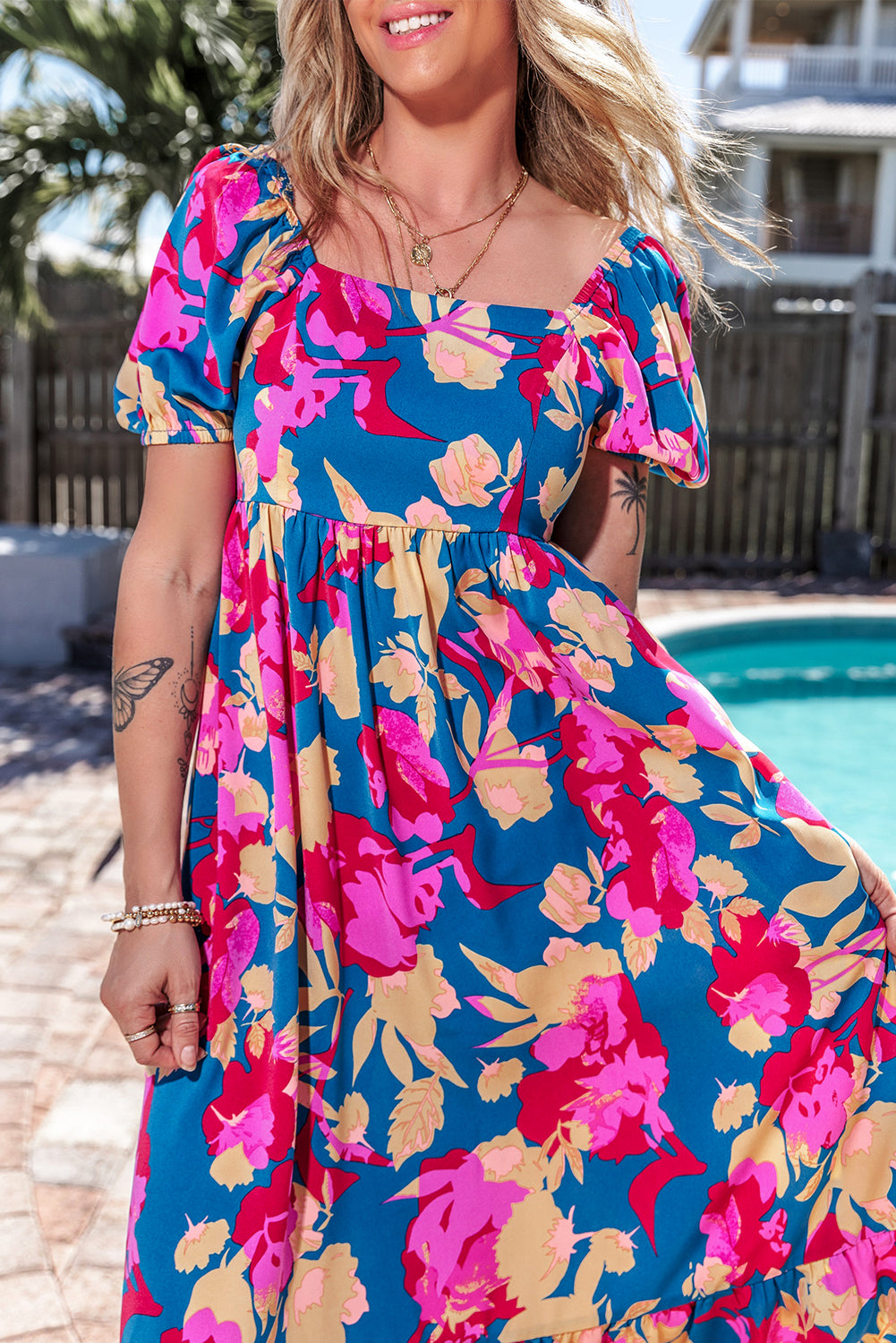 Floral Ruffle Bubble Sleeve Dress