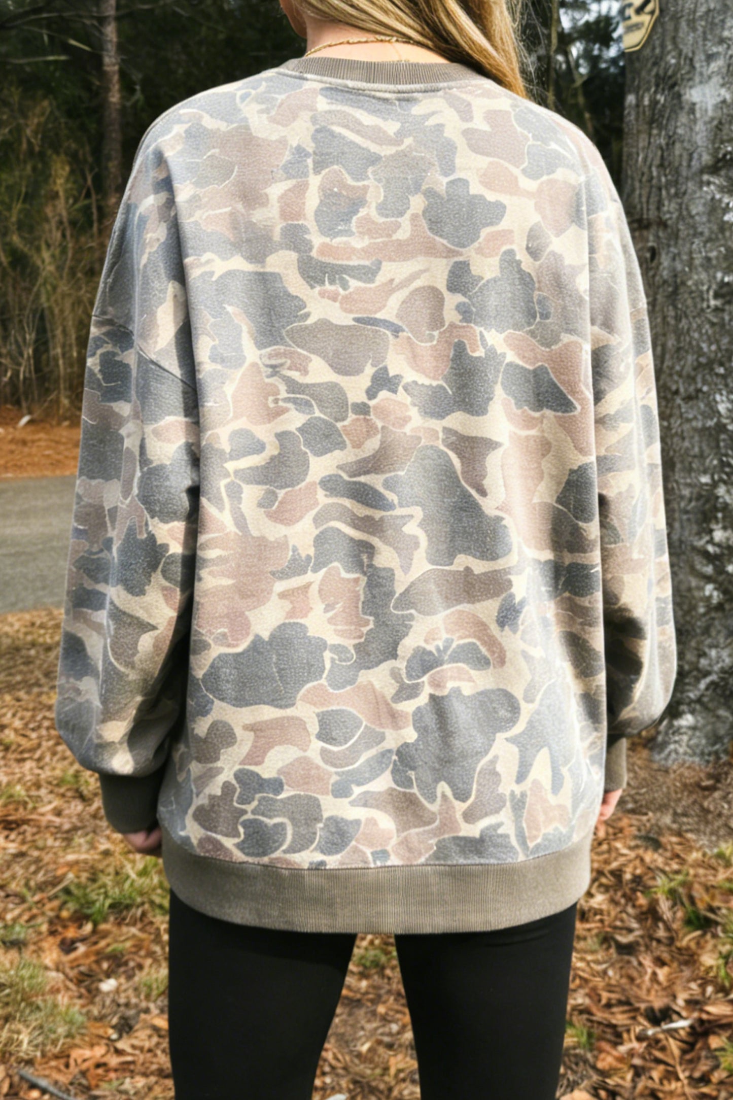 Camo Ribbed Trim Crew Neck Pullover Sweatshirt