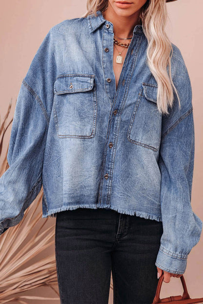 Denim Raw Hem Pocketed Shacket