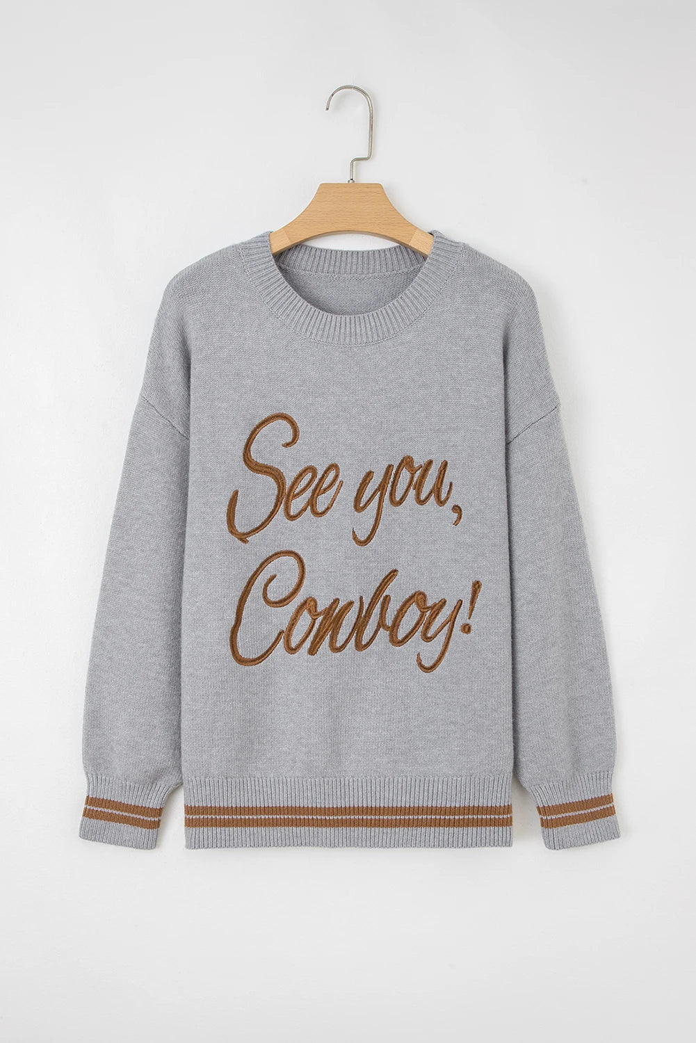 Western See You Cowboy Embroidered Stripe Cuff Sweater