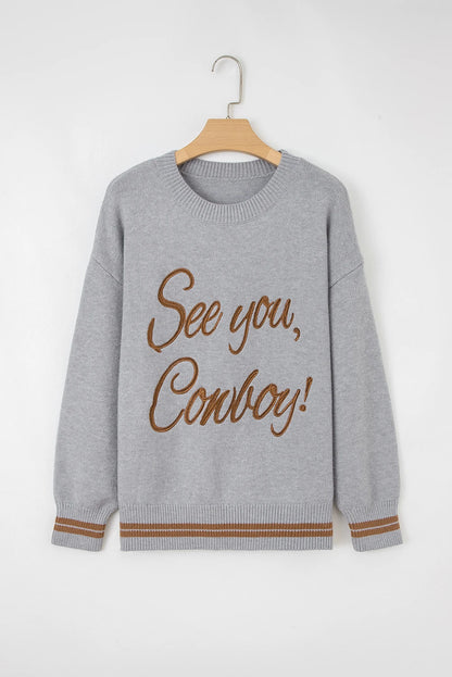 Western See You Cowboy Embroidered Stripe Cuff Sweater